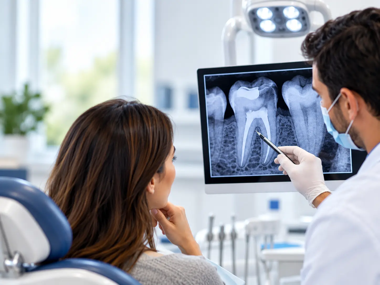 Endodoncista revisa un diente para evaluar posibles síntomas después de una endodoncia